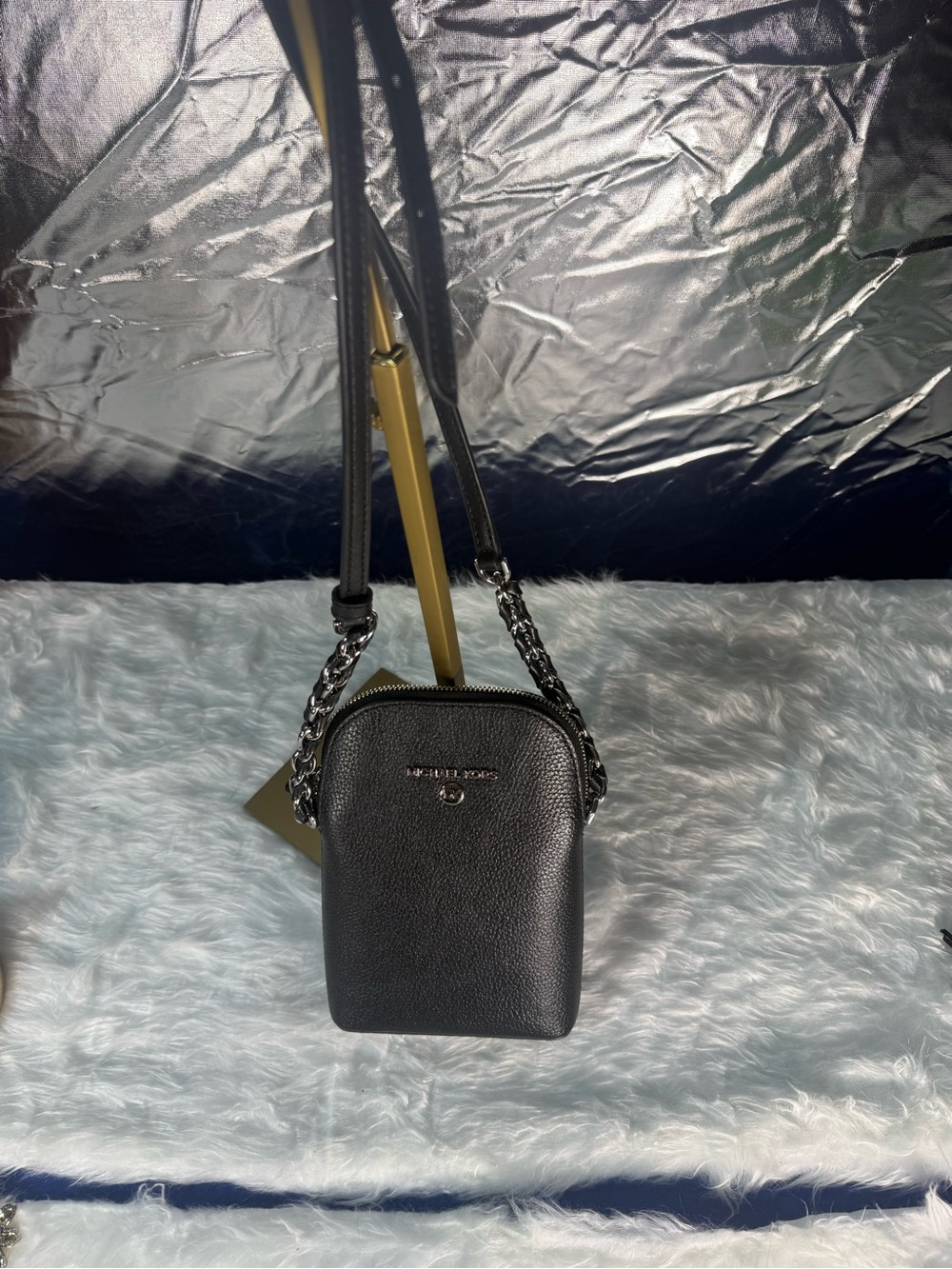 Michael Kors Black Pebbled Leather Crossbody with Chain Strap